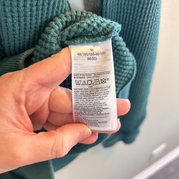 Gap Waffle Knit Hoodie Mens Size Medium Dark Green Pullover Sweatshirt Cotton - Picture 5 of 10